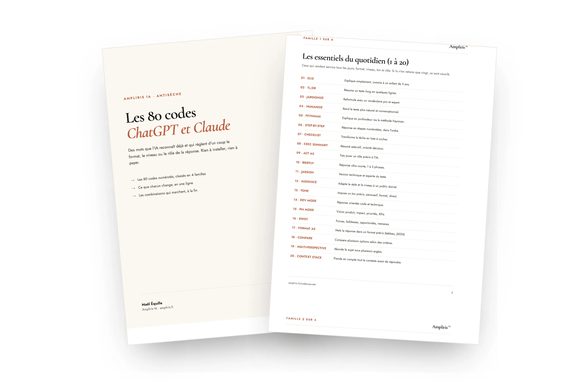 Les deux premières pages de l'antisèche, la couverture et les vingt premiers codes.
