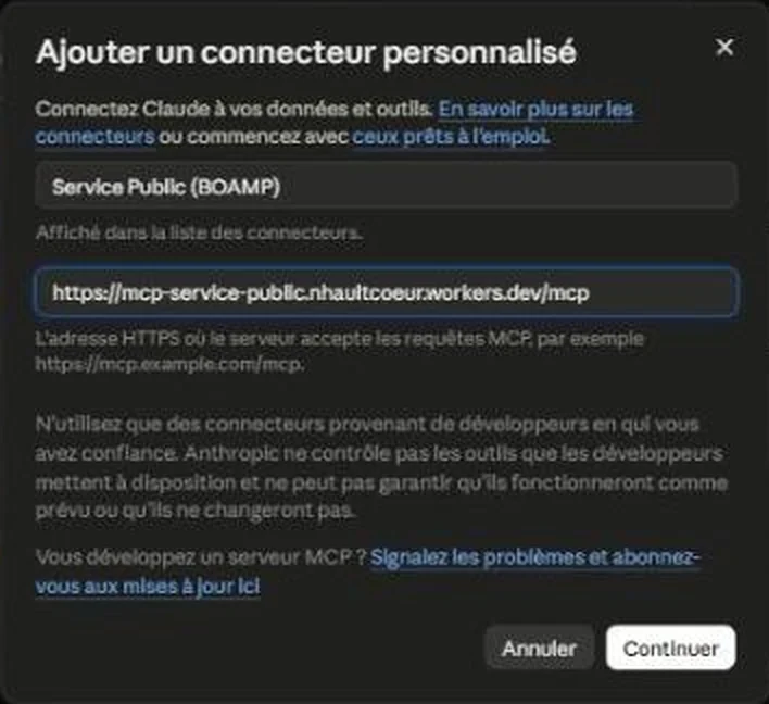 Boîte de dialogue Ajouter un connecteur personnalisé de Claude, avec un nom de connecteur et l'adresse https://mcp-service-public.nhaultcoeur.workers.dev/mcp renseignée.