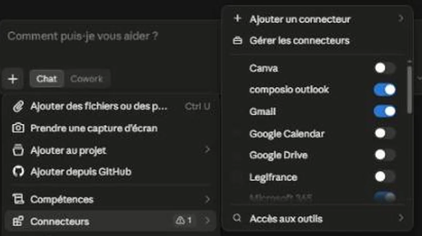Panneau des connecteurs ouvert depuis le bouton plus d'une conversation Claude, avec des interrupteurs pour activer chaque connecteur.