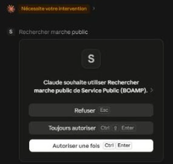 Demande d'autorisation de Claude avant d'utiliser l'outil Rechercher marché public du connecteur Service Public (BOAMP), avec les options Refuser, Toujours autoriser et Autoriser une fois.