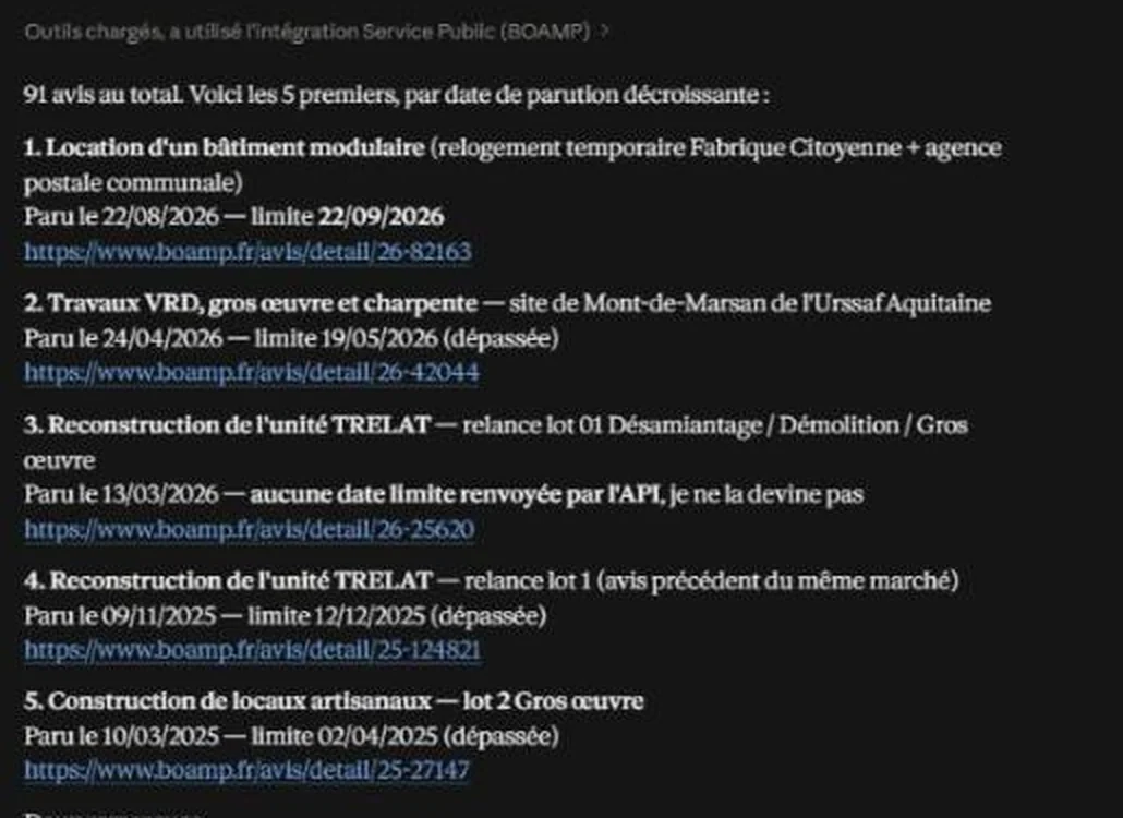Réponse de Claude affichant la mention a utilisé l'intégration Service Public (BOAMP), puis 91 avis au total et les cinq premiers avis du BOAMP avec objet, dates et liens vers boamp.fr.