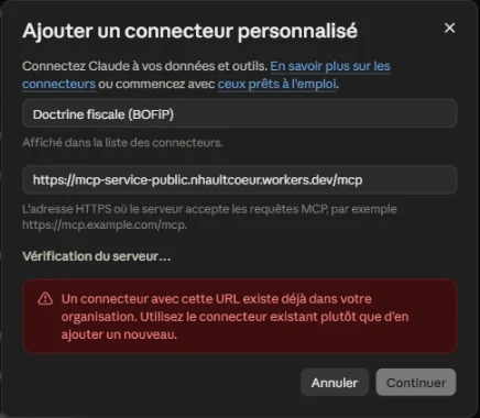 Boîte de dialogue de Claude affichant le message Un connecteur avec cette URL existe déjà dans votre organisation, avec le nom Doctrine fiscale (BOFiP) et l'adresse du serveur déjà renseignés.