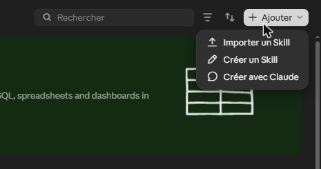 le menu Ajouter des Skills, avec Importer un Skill
