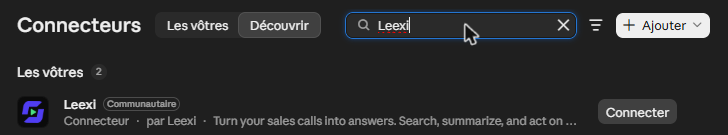 Leexi dans l'annuaire des connecteurs de Claude, avec le bouton Connecter