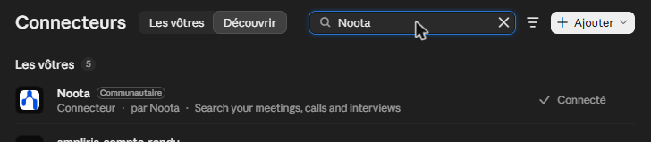Noota dans les connecteurs de Claude, affiché Connecté