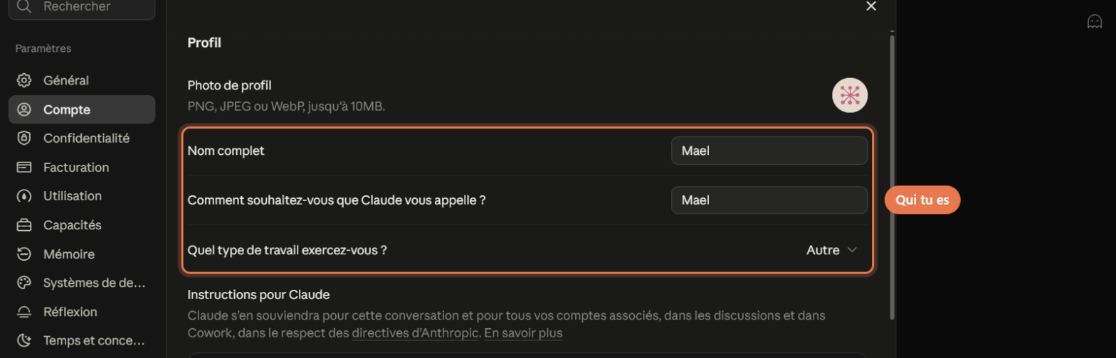 La rubrique Compte des paramètres de Claude, avec les champs Nom complet, Comment souhaitez-vous que Claude vous appelle et Quel type de travail exercez-vous entourés.