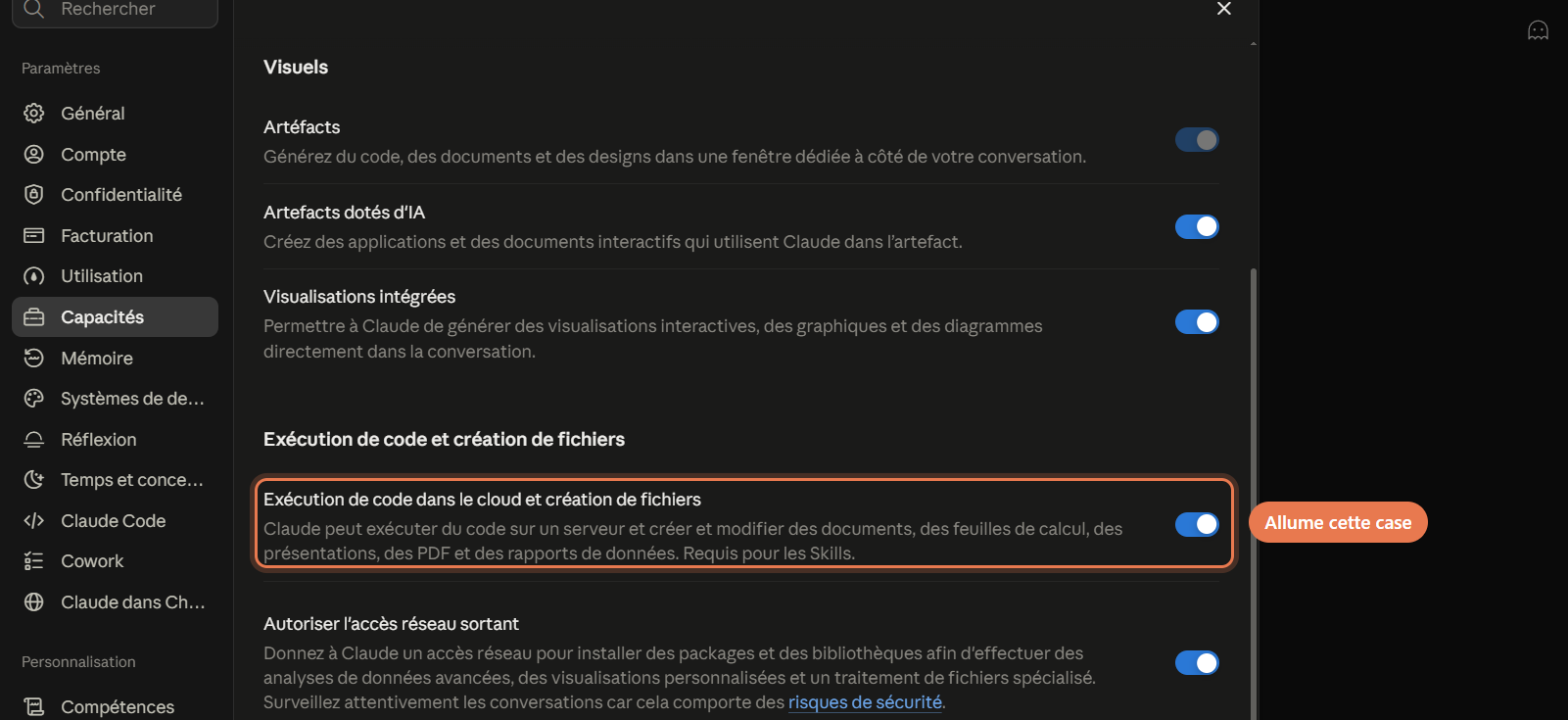 La rubrique Capacités des paramètres de Claude, avec l'interrupteur Exécution de code dans le cloud et création de fichiers entouré et allumé.