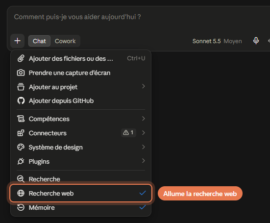 Le menu plus de la zone de saisie de Claude ouvert, avec la ligne Recherche web cochée et entourée.