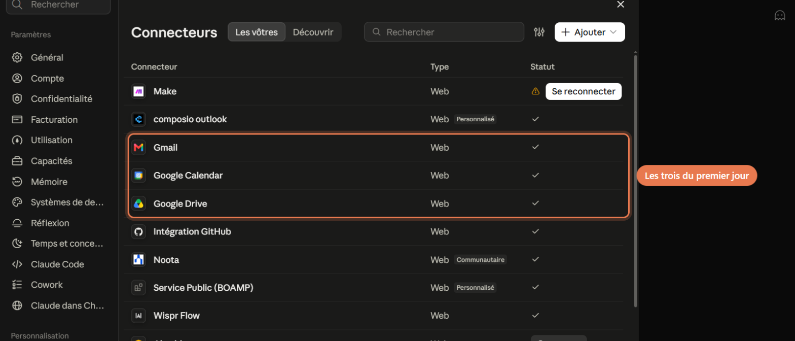 La rubrique Connecteurs des paramètres de Claude, avec Gmail, Google Calendar et Google Drive connectés et entourés.