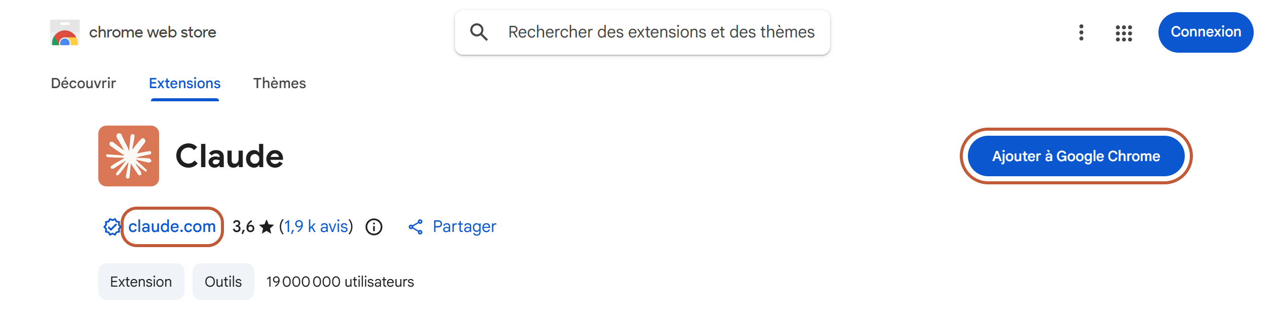 la fiche de l'extension Claude sur le Chrome Web Store, avec l'éditeur claude.com et le bouton Ajouter à Google Chrome