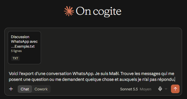 le fichier de la discussion glissé dans une conversation Claude