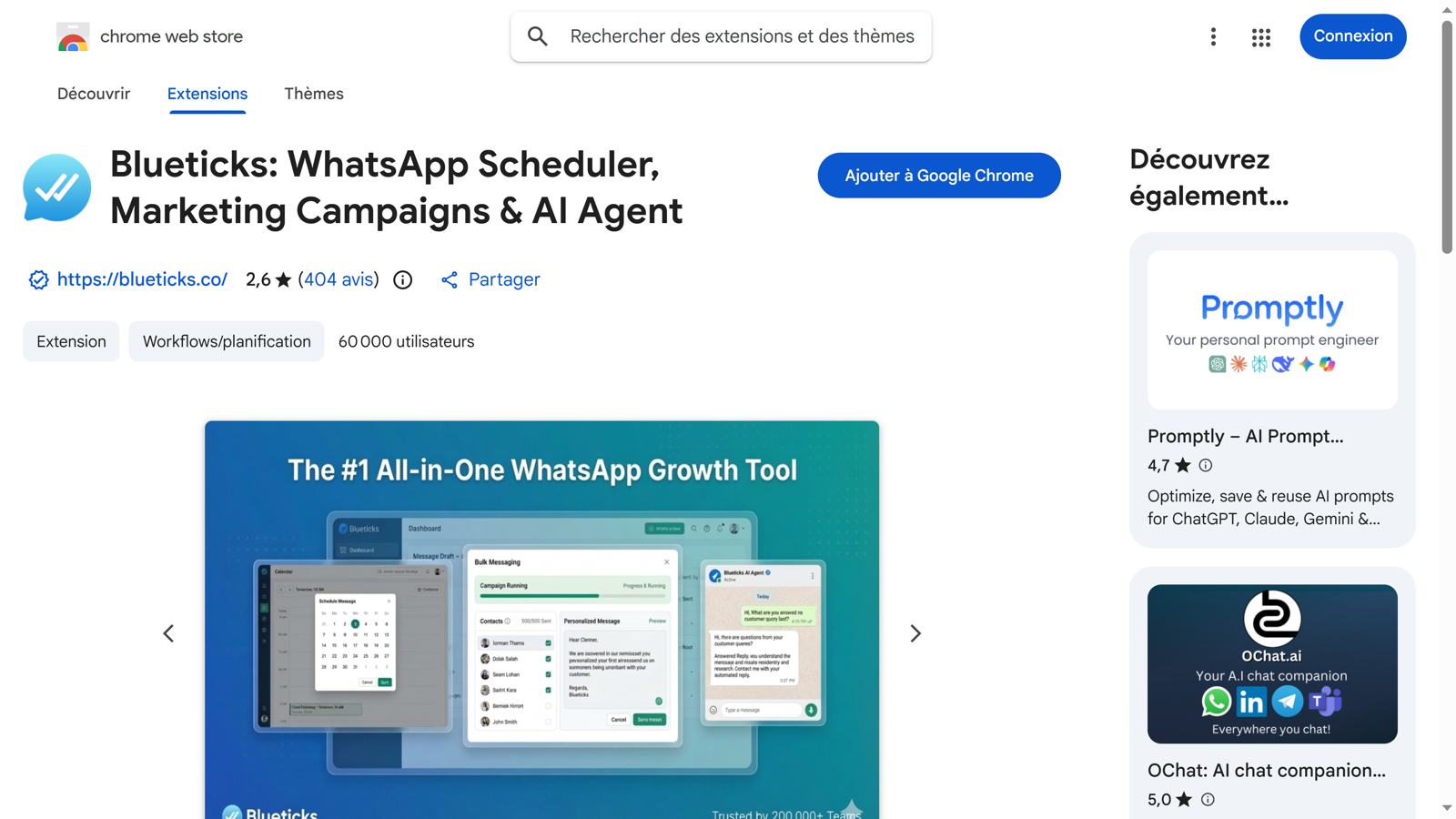 la page de l'extension Blueticks, avec le bouton Ajouter à Chrome