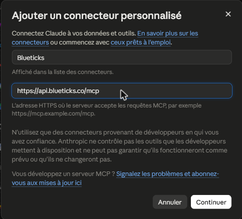 la fenêtre d'ajout d'un connecteur personnalisé dans Claude, avec l'adresse collée