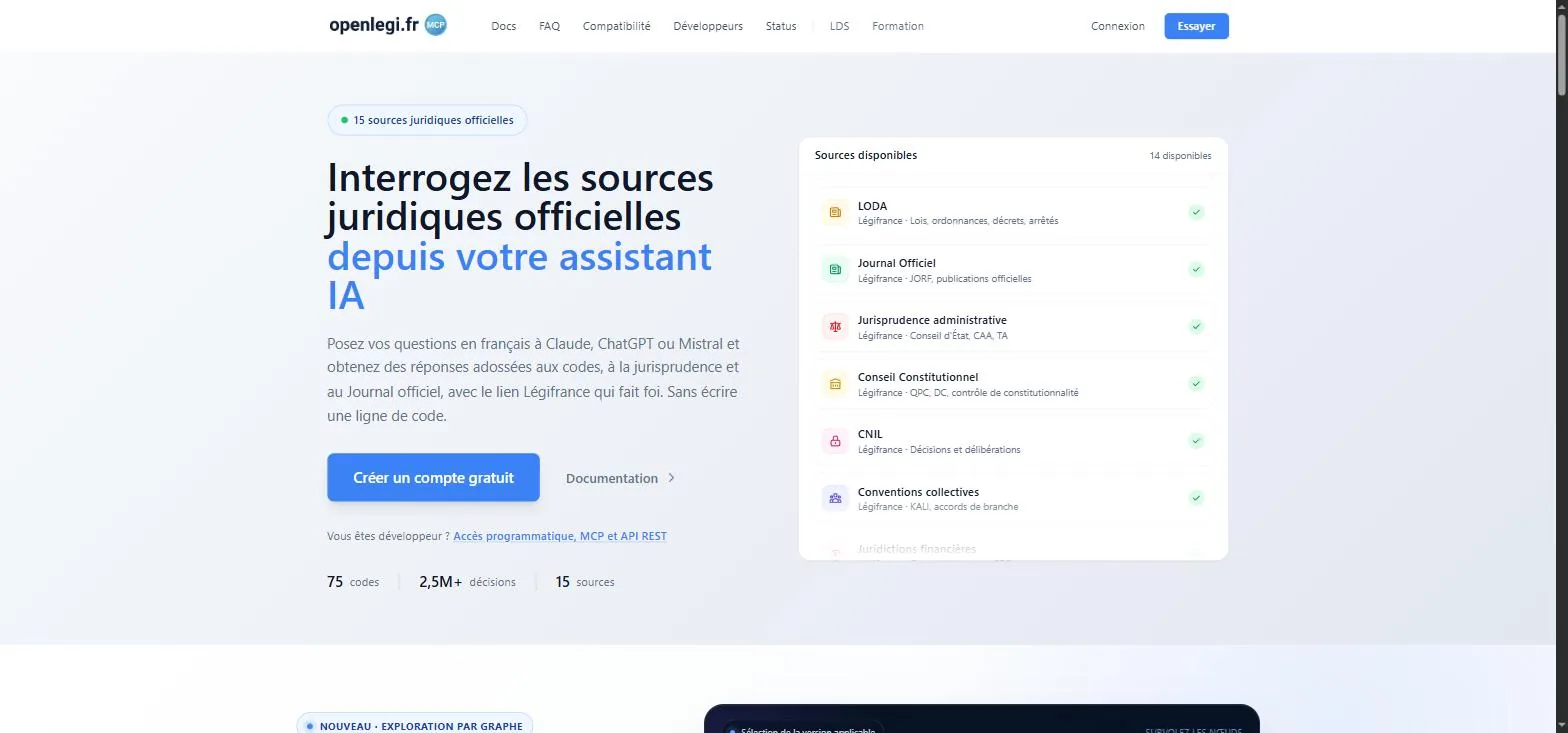 Page d'accueil d'OpenLegi indiquant 15 sources juridiques officielles, 75 codes et 2,5 millions de décisions, avec un bouton Créer un compte gratuit.