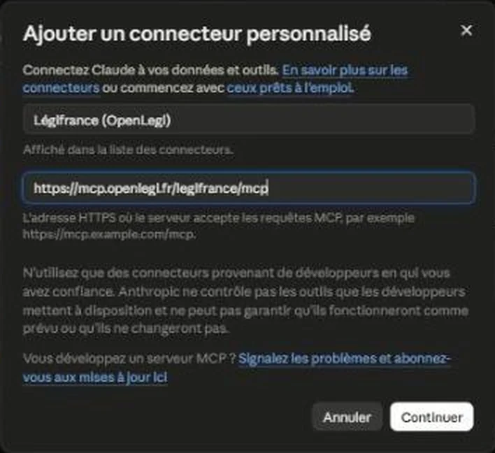 Boîte de dialogue Ajouter un connecteur personnalisé de Claude, avec le nom Légifrance (OpenLegi) et l'adresse https://mcp.openlegi.fr/legifrance/mcp renseignés.