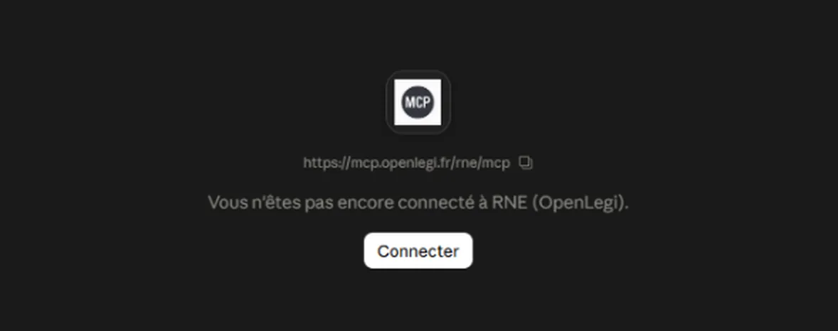 Fiche du connecteur Légifrance affichant l'adresse du serveur MCP, le message Vous n'êtes pas encore connecté, et un bouton Connecter.