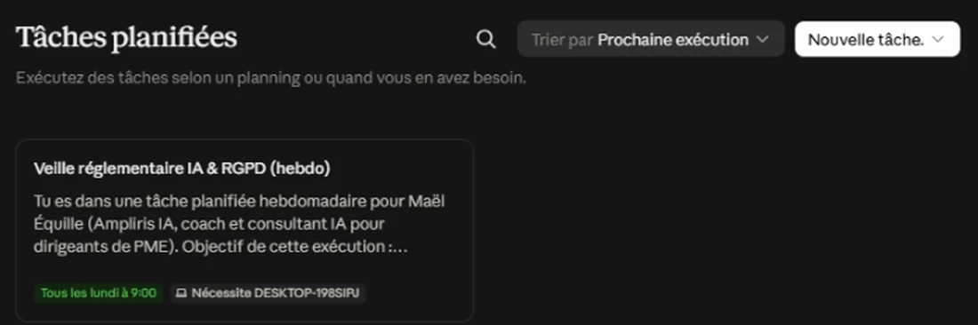 Page Tâches planifiées de Claude, avec une tâche hebdomadaire de veille réglementaire programmée tous les lundis à 9 heures.