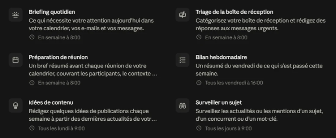 Les six modèles de tâches proposés par Claude, dont Surveiller un sujet, Bilan hebdomadaire et Idées de contenu.