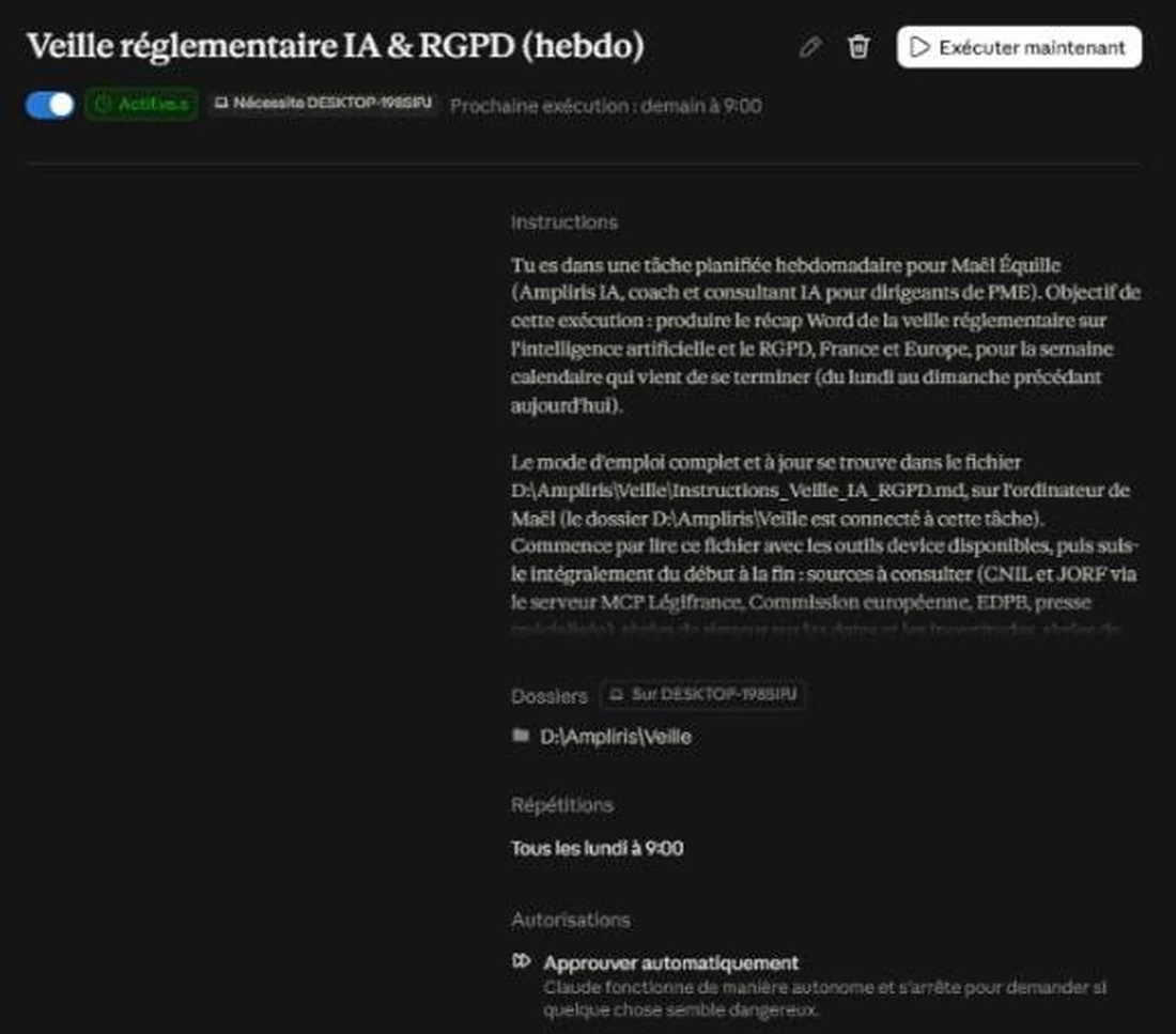 Fiche d'une tâche planifiée dans Claude, avec ses instructions, le dossier rattaché, la répétition hebdomadaire du lundi à 9 heures et les autorisations.